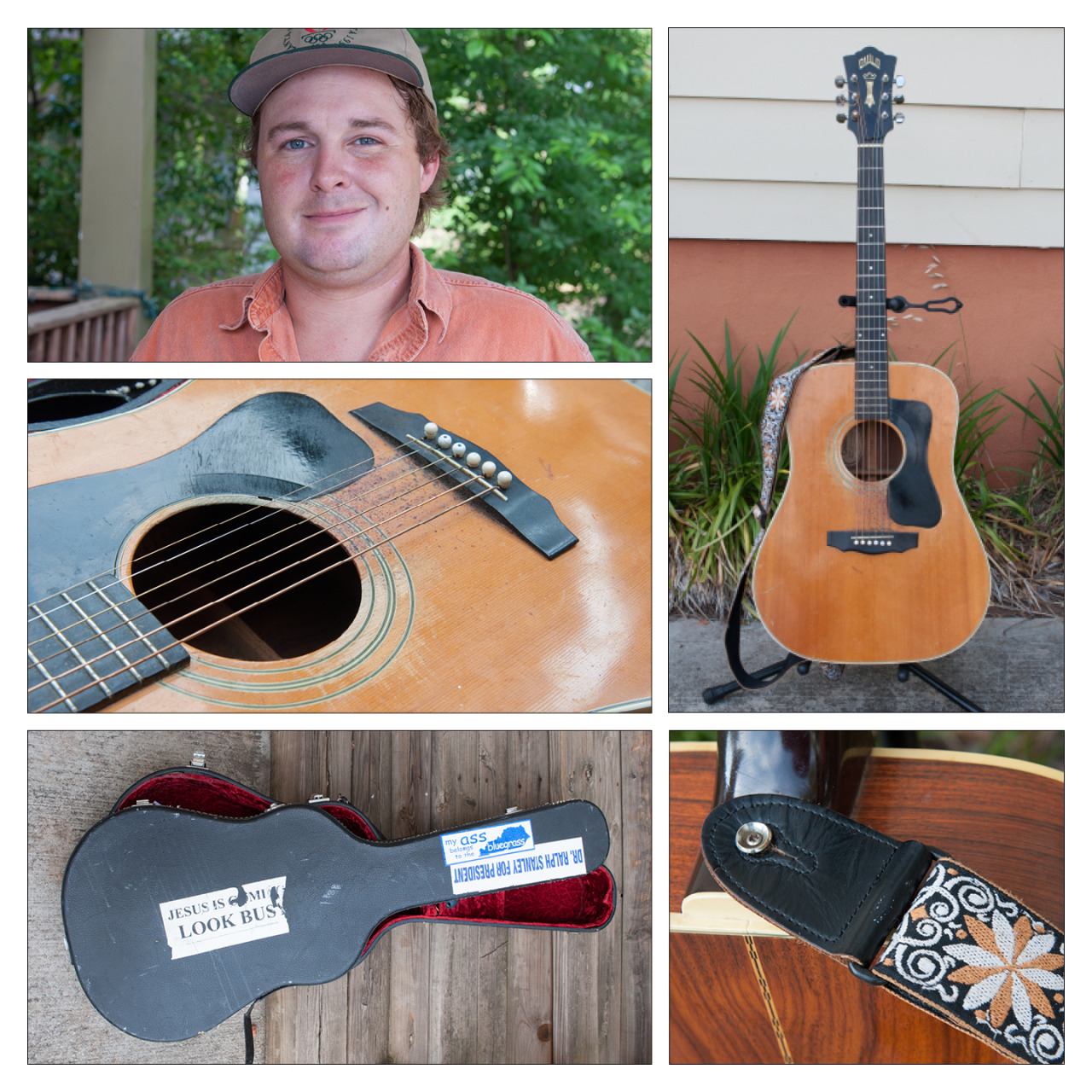 Name: Dan Williams
City: Downtown Atlanta, GA
Instrument:  1976 Guild D-50
My family’s American heritage starts and still largely resides in the southwestern portion of Virginia, same county where Ralph Stanley is from. I fooled around with a lot of styles and music interests before I came around to my roots and started playing bluegrass and Americana stuff in my early 20’s.
Not long after, around the time I had my first “real job” I was doing a good bit of picking with a guy in Rome, GA that ran a nice home studio with several nice vintage instruments. He owned the guitar at the time after having bought it at the venerable Gruhn Guitars in Nashville. Once I started playing it, he could tell faster than I could that it was the guitar I was meant to own, though he hadn’t intended to sell it. He let me buy it off of him in payments over the course of year — which was probably the only way I’d have gotten my hands on such a nice guitar at that stage in my life.
I tend to play in a way that’s pretty percussive, which I think sort of goes back to listening to a lot of Richie Havens when I was first teaching myself to play as a kid. Havens, as it happens, was a big fan of Guilds. So as bluegrass-type players go, I’m short on finesse and long on beating the hell out of a guitar, basically; hence the steady buildup of blood over the bridge.
The 70’s era guild dreadnoughts respond with a big low end and a loud, rich sound. They are also built like absolute tanks, which is great for me as one that would probably ruined a more delicate guitar of its caliber years ago. Guild is owned by fender now, and a few years ago reissued the D-50s for about three times what you can get a good vintage one for.
If anything ever happened to it, I’d be out looking for another 70’s era D-series just like it the next day. At this point I&rsquo;d feel pretty lost in life without one of these to bang on.
Band name: Sweet Auburn String Band