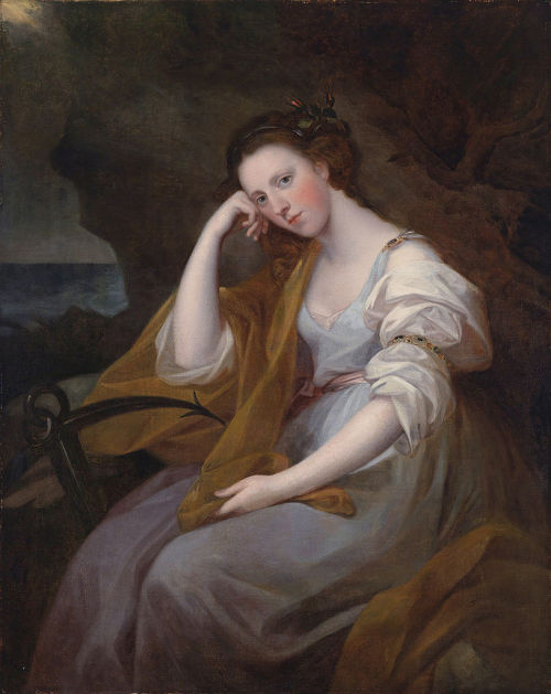 books0977:



Portrait of Louisa Leveson Gower as Spes (Goddess of Hope) (1767). Angelica Kauffman (Austrian, 1741-1807). Oil on canvas.
Gower was the daughter of the Marquess of Stafford, whom Kauffman painted while in London. She paints her as Spes, the Roman goddess and personification of hope, symbolized by the anchor and the flowers in her hair. There is great sensitivity and depth in this portrait. Kauffman’s skill is evident in every aspect, from the soft hair and skin, to the realistic fabric, to the rocky background. 
