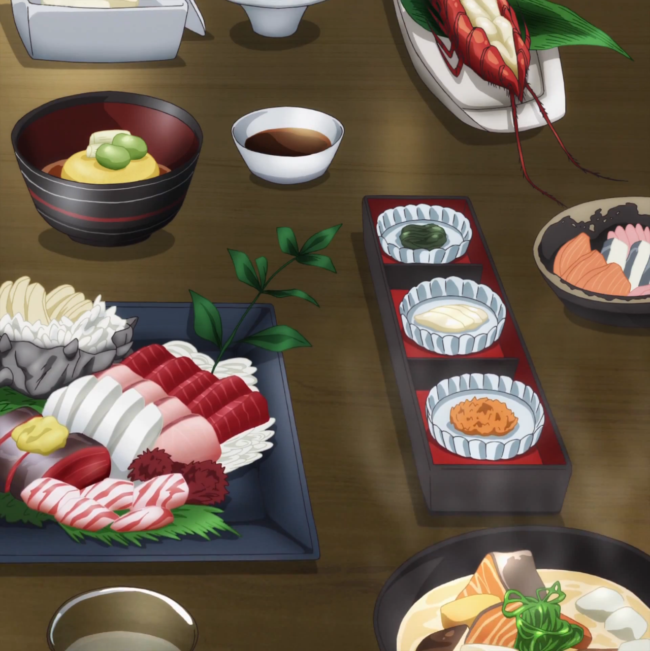 Itadakimasu Anime! (An elaborate dinner of sashimi, soup, and many...)