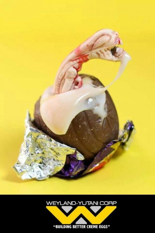 Cadbury Creme Egg season is here again at last. What better way to celebrate the return of one of our all-time favorite seasonal treats than with&#8230; an&#8230; absolute nightmare of chocolate, fondant and an itty-bitty Chestburster? This awesomely terrifying, yet somehow still tantalizing Weyland-Yutani Chestburster Creme Egg is the work of Ghoulia Childs, who excels at combining horror films with tasty food.We strongly suggest declining this dangerous treat. There are plenty of other Cadbury Eggs out there this time of year and no one wants to see Weyland-Yutani develop a Cadbury Creme Facehugger. Or do we?[via Technabob]