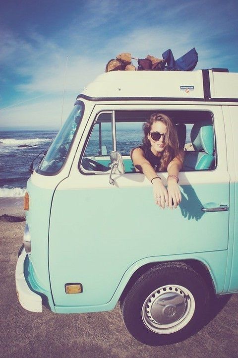 girl hippie beach van vw road trip bus feellng â€¢