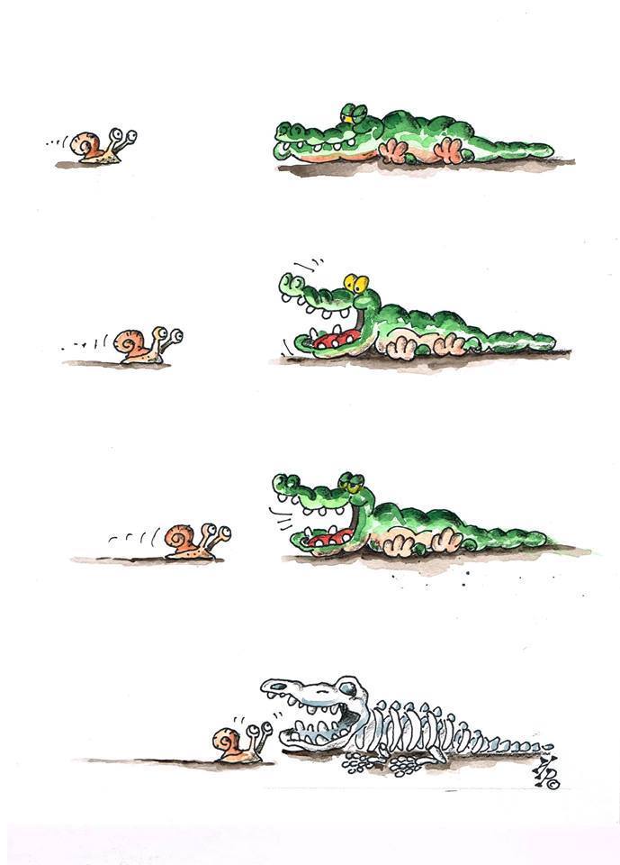 una lumaca si avvicina ad un coccodrillo che la aspetta con l'acquolina alla bocca, si avvicina, si avvicina, si avvicina... quando arriva il coccodrillo è un mucchio di ossa