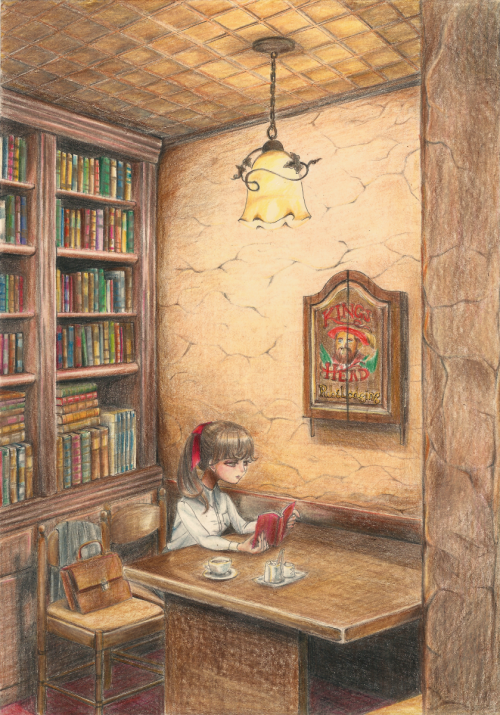 risowell:

a girl reading the book with a cup of tea (pixiv)30/4 2015 colored pencil