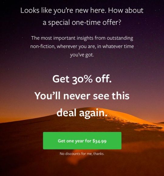 The instinct of loss aversion used on a landing page - You'll never see this deal again