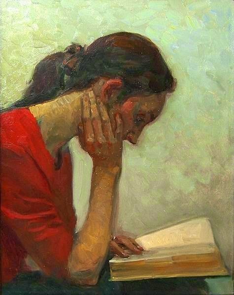 Lectora, en soledad con el libro (ilustración de Elmira Petrova)