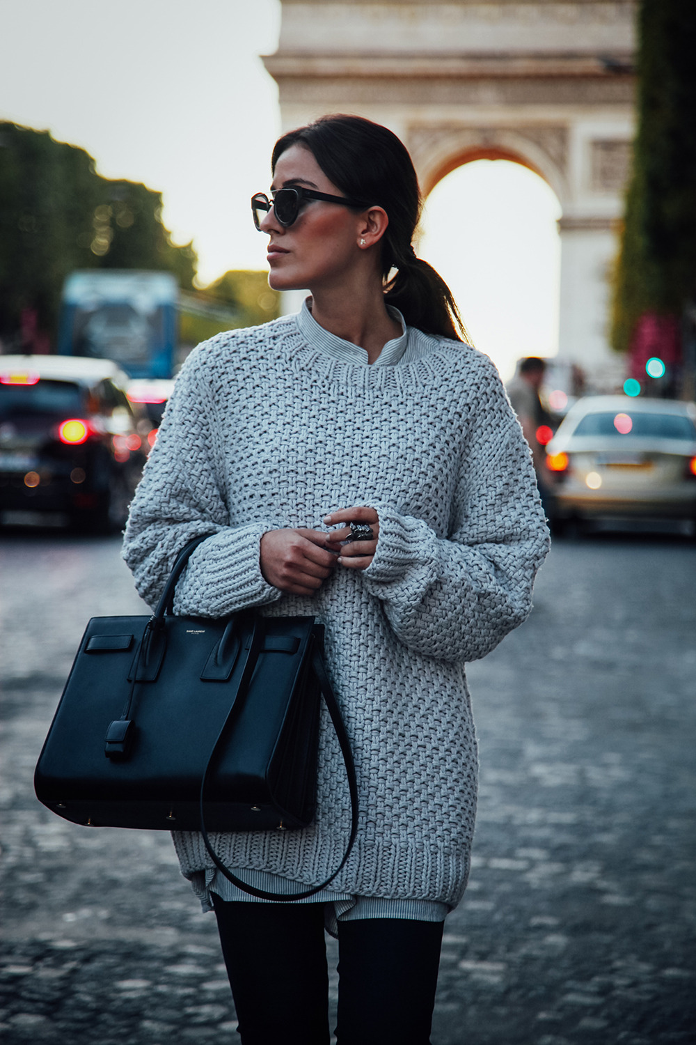 justthedesign:

Sylvia Haghjoo wears a cute oversized knit pullover with a striped shirt and simple black jeans. Sweater: La Roca Village, Jewlery: Georg Jensen, Shades: Dior, Bag: Saint Laurent, Blouse: Tibi.

www.fashionclue.net| Fashion Tumblr, Street Wear &amp; Outfits