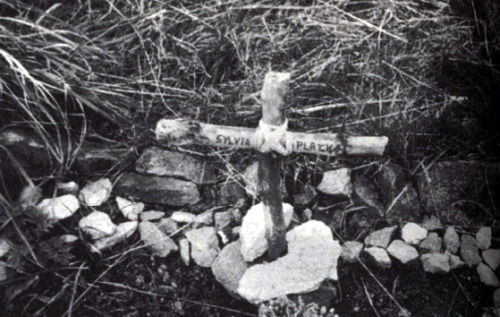 Sylvia Plath’s grave in Heptonstall in late 1988. When a third tombstone was removed from Plath’s grave because, as had happened with the previous two stones, vandals chiseled off the name “Hughes” from “Sylvia Plath Hughes,” a local resident erected a handmade cross that bore only “Sylvia Plath”.Source: Paul Alexander, Rough Magic: A Biography of Sylvia Plath, 1991
