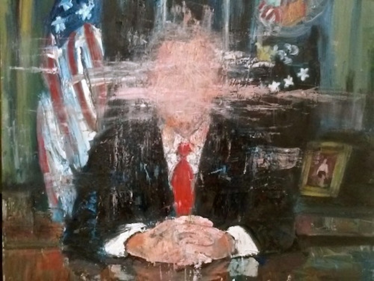 G.W. Bush Defaced, 24x30,  Oil on canvas, Sandra Koponen © 2015OFFICE OF THE PRESIDENTGeorge W. Bush, PresidentJan. 20, 2001 - Jan. 20, 2009President Bush presided over the torture administration. He issued a still-secret order authorizing the CIA to establish secret detention facilities overseas and to interrogate detainees. Over the legal and policy objections of State Department officials, Bush also determined that the Geneva Conventions did not apply to suspected Taliban and al Qaeda detainees in U.S. custody, a legal maneuver that set the stage for future torture. Through his subordinates, including the National Security Council Principals Committee, who met in the White House to discuss the use of particular interrogation techniques to be used on particular detainees, he authorized the use of &ldquo;enhanced interrogation techniques&rdquo; by the CIA and other harsh techniques by the military. Asked about those meetings on national television, Bush affirmed that he knew and approved of them &hellip; In his subsequent memoir, Bush acknowledged that he personally approved waterboarding and continued to insist that it and other brutal methods were not torture.**https://www.aclu.org/files/accountability/torturers3.swf