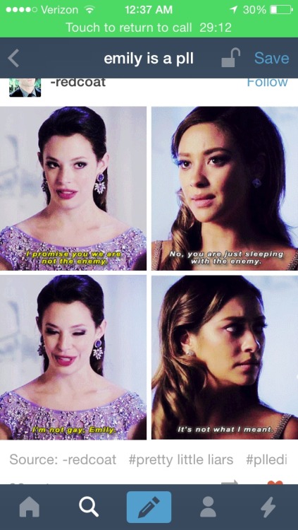 This gifset makes me 100% believe that Emily is A. 
Why would Sydney say that the enemy is gay? 
Jenna and Sydney during this episode seem very sure they know more than anyone. 

It&#8217;s like everyone is tiptoeing around her, maybe because she could flip at any moment. That maybe Emily doesn&#8217;t even know she&#8217;s A. 

We know that Jenna picked Emily up before she dug Ali&#8217;s grave, what if she saw it then? Sydney has seen her dark side as well when Emily said she would like to torture her underwater. 

I think Nate wasn&#8217;t the only one she killed, I think the list is more like: 
Alison Dilaurentis (the real one) 
Ian 
Maya (or forced her to leave) 
Almost Jenna (almost drowning) 
Mrs Dilaurentis 
Mona 

Emily constantly complains about not getting any sleep or being tired, while also showing major signs of sleep deprivation through paranoia irritability and stress. So much that she have herself an ulcer. What if she does all of her A work when she thinks she&#8217;s going to sleep?  

I remember a scene when Paige came in to cuddle and sleep with Emily one night and Paige asked if she was awake, we could see Emily&#8217;s eyes which were clearly not sleeping. But why wouldn&#8217;t Emily want to cuddle with her great girlfriend? Maybe some A stuff to do that night. I think Paige eventually saw what was happening and had to get away swiftly without messing with Emily&#8217;s A side. 

There was a theory I just saw that the flashback spencer had of Emily in place of how the shovel murder happened. What if this was the real story and not a flashback, but Spencer just blocked it out because she didn&#8217;t want to believe it herself. 

I can&#8217;t wait to be right.