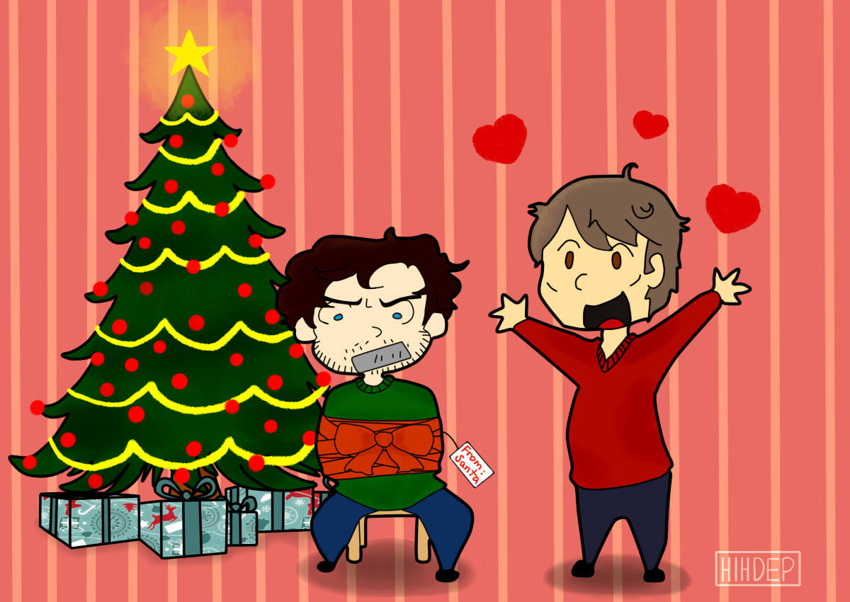 howishughdancyevenpossible:My @hannigramholidayexchange gift for @littlebigturtleme !!! I had a lot of fun drawing it and it’s loosely based on this .Happy Holidays!!! &lt;3333Hannibal was a super good boy this year ;D