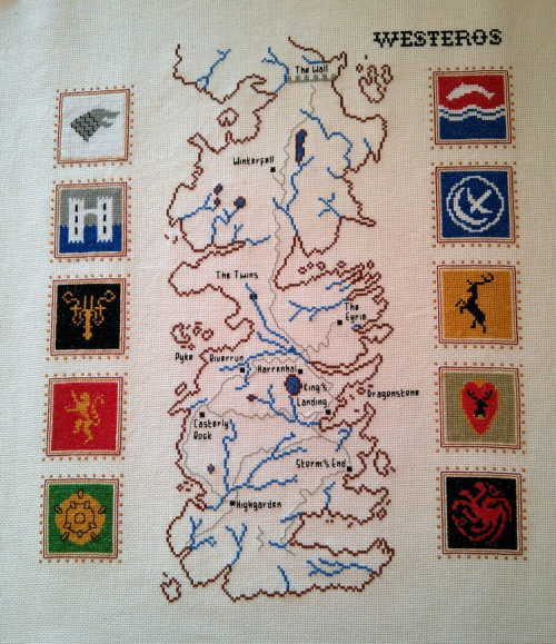 Cross stitch map of Westeros with house sigils