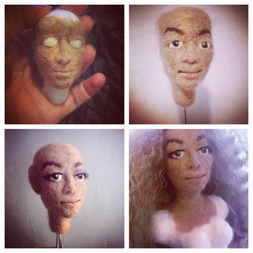 Beyoncé progression.
I still have a ton of more work to do on this, but I added her earrings, started sculpting the body, and started rooting the hair.
Hair rooting is so annoying that it pretty much makes me want to rip out my own hair. Ha.
Also, I’m still trying to figure out what kind of outfit I should put on her (Beyoncé has too many good ones!). Any suggestions are definitely welcome!