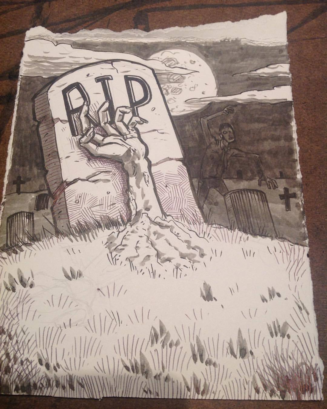 Day 16 of #drawlloween a #grave #Cemetary #sketch #sketches #sketchbook #doodle #ink #inkwash  #inktober #halloween #zombie #scary #horror