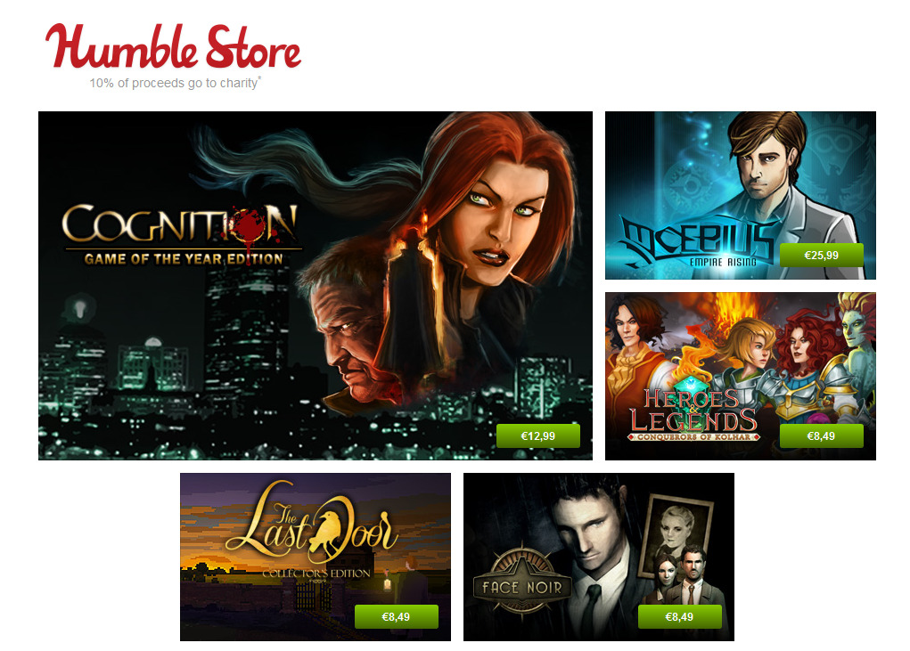 The Phoenix Online Studios library is now on the Humble Store. Now, whenever you purchase Cognition: An Erica Reed Thriller, Moebius: Empire Rising, Heroes &amp; Legends: Conquerors of Kolhar, The Last Door and Face Noir through the Humble Store, 10% of all proceeds will go towards charities.Charities include the American Red Cross, Child&#8217;s Play, Electronic Frontier Foundation and more! Purchases can also be redeemed on Steam.Gonçalo GonçalvesSocial Media AssociatePhoenix Online Studios