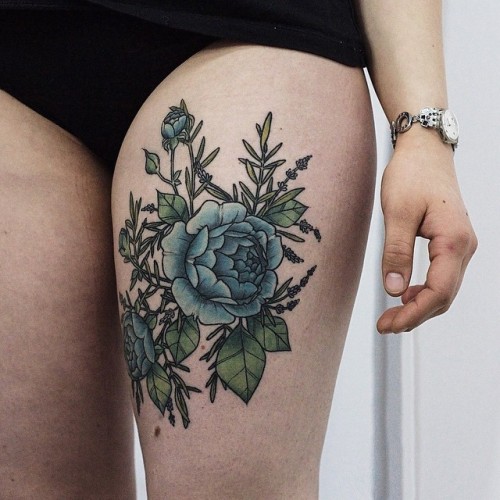 inked tattoo flower blue ink lavender thigh 1337tattoos •