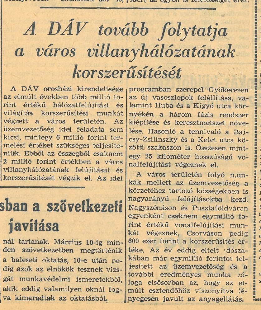 Korszerűsítik a hálózatot.Orosházi Hírlap, 1965. március 7.