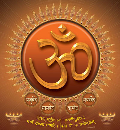 hinducosmos:  OM is the word that sounded first when creation came into being. The Gayatri Mantra is written below the great symbol. Artist : Yogendra Rastogi (via All India Arts)