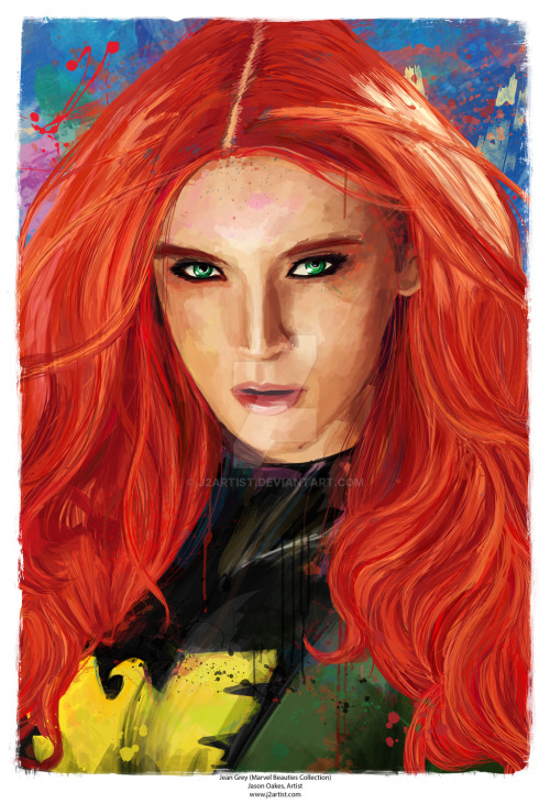 j2artist:Jean Grey of X Men, otherwise known as Dark Phoenix. I kept her eyes green, but surrounded her with a lot of red hair, so it evokes her flames. Next X Men character will likely be Storm!