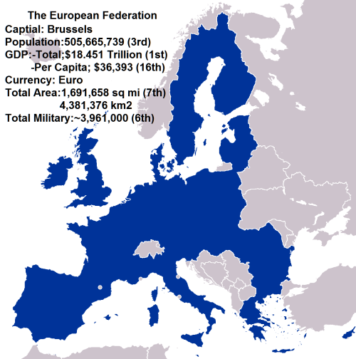 If the European Union Formed into a Single Country
[[MORE]]
mrstevybird:

Notes: Facts taken form Wikipedia; GDP is nominal, Total military is the is the total number of active + paramilitary + reserves.
