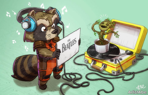 Rocket and baby Groot, rocking out to The Beatles by Abraham Lopez.
