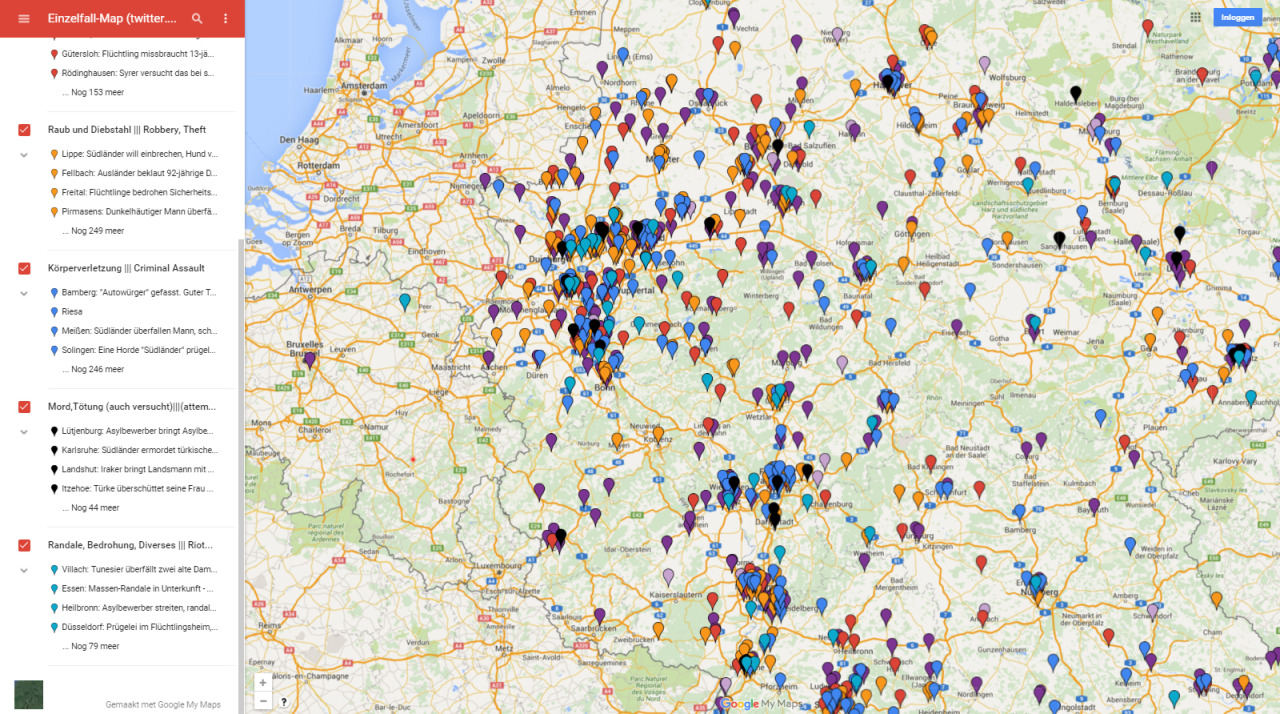 im-just-a-reaction:

letsgetthingsright:

This is a map made by some Germans depicting the locations of specific crimes committed by refugees (or illegal immigrants) in the last two months. They all have their source attached. Some notes have been made about other countries (Belgium, Austria, Switzerland..) but those are incomplete. Remember that even the German map is to be seen as incomplete as German police and politicians have shown us they are capable and willing to keep crimes by refugees out of the media, now probably even more than before Cologne.
The colors are organised as followed:
Purple - sexual assault/rapeRed - attacks on children/young people including sexual attacksOrange - robbery and theftDark blue - assaultBlack - murder/attempted murderLight blue - riots/threats/misc 
Note:
48 murders and attempted murders157 attacks on children (including sexual attacks)427 sexual assaults (on adults)250 aggravated assaults
ALL SINCE JANUARY 2016
Here is the link (click)
Please share this for all the pro-refugees to see. If we’d actually take in women and children most of these wouldn’t happen. I can’t wait for people to defend these crimes..

&gt;not an invasion
