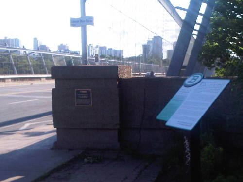Project Bookmark Canada reading about the Prince Edward Viaduct, from In The Skin Of The Lion by Michael Ondaatje, east of the Don River where Bloor Street East becomes Danforth Avenue (Toronto, Monday) 20100608&#160;1815