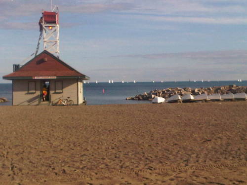 Leuty Lifeguard Station on the Eastern Beaches, with sailboats on Lake Ontario in the distance (Toronto, Thursday) 20100610&#160;1830