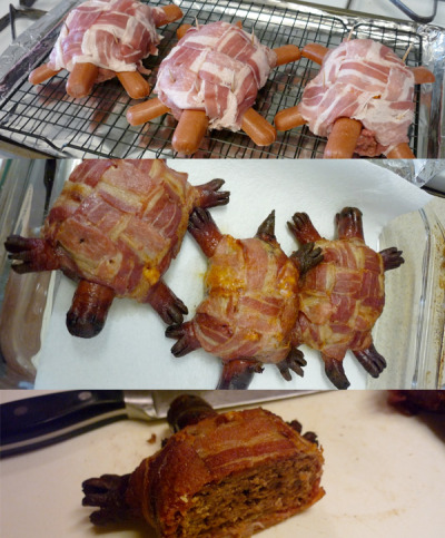 Turtle Burgers
Handmade ground beef patties, topped with sharp cheddar cheese, wrapped in a bacon weave, then add hot dogs as the heads, tails, and legs with slits for toes.
Finally, a good use for a bacon weave.
