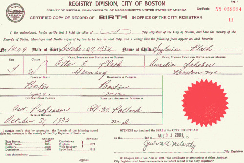 Sylvia Plath&rsquo;s birth certificate
27 October 1932 – February 11, 1963