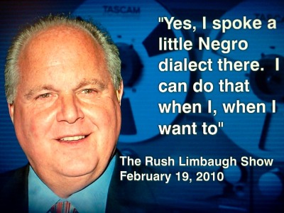inothernews:

The Colbert Report reminds us of another one of Rush Limbaugh’s racist gems.
