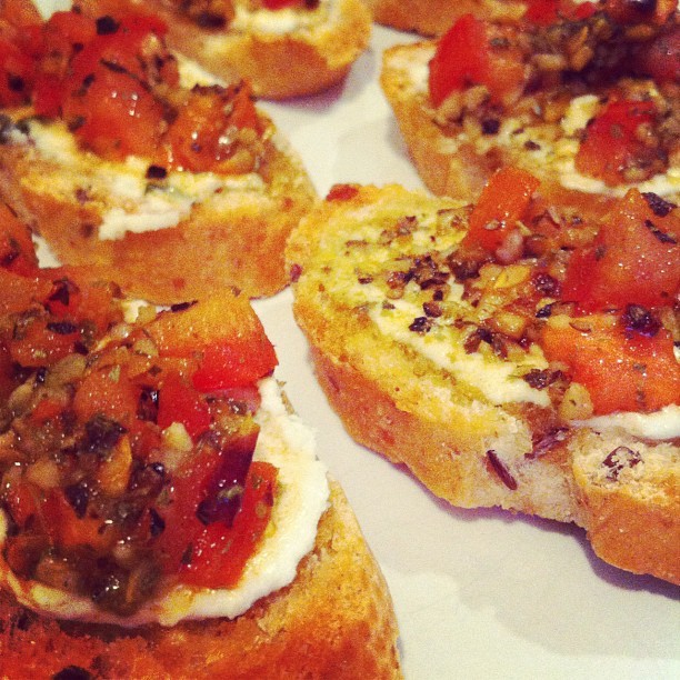 {Bruschetta with Goat Cheese, Basil, &amp; Tomatoes} Multi-grain loaf + garlic olive oil + goat cheese + basil + tomatoes + italian seasoning = heaven. lj
(Taken with Instagram)
