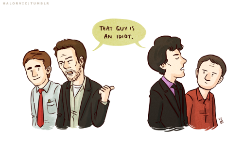halorvic:</p><br /><br /><br /><br />
<p>Again, not really taking requests but someone asked for House and Wilson meeting Sherlock and John, and I donâ€™t really do much Sherlock art nowadays soâ€¦</p><br /><br /><br /><br />
<p>My love for this knows no bounds.