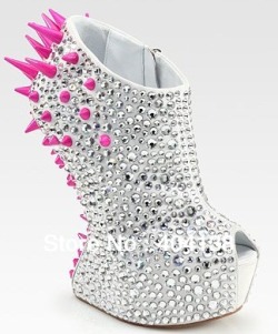 Sexy no heel wedges with rivets &amp; pink spikes. ♥  OMG these are amazing. ♥