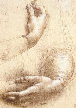 Leonardo da Vinci [Vinci (near Firenze) 1452 - Clos Lucé, Amboise, Tours (France), 1519] a) Study of Hands [maybe for the portrait of Ginevra de&rsquo; Benci], c. 1474, Silverpoint and white highlights on pink prepared paper, 214 x 150 mm, Windsor Castle,