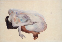 lanangon:  lingerieinart: Egon Schiele, Crouching Nude in Shoes and Black Stockings, Back View, watercolor, gouache, and graphite on paper, 1912