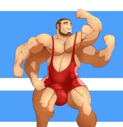 gigaartbyothers:  Gentlemen, as you can see, we have entered a brave new world of bodybuilding…allowing for even more growth, both in size…and quantity. Oh…oh my, and as you can see, it doesn’t have the…standard drawback of steroids. Quite the