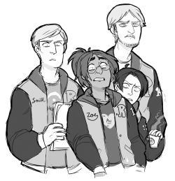 erenyeagerbomb:  i wanted to draw letterman jackets and my ot4 and funny faces so i just did them all at once  Is that Erwin in a fucking &ldquo;Hold me&rdquo; t-shirt? Jesus Christ, this marching band AU is basically a window into my high school past.