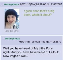 legalizememes:  smallest-feeblest-boggart:  the-hittite:  sexhaver:  sexhaver:   silverlightpony:   gayestgen:  scorch-mechanic:   goat-plushie: Wait, there’s physical copies of Fallout Equestria? That’d have to be massive. The first run was five