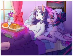 pastel-pony-pictures:  Breakfast in bed for the pregnant wifey.Twilight is such a doting wife, maybe a bit too much. Rarity is sick of reading all of these pregnancy and foal books. But Rarity knows its because Twilight cares so much for their growing