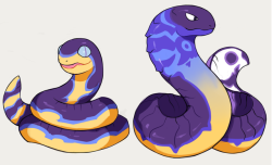ginsengandhoney: more alolan form things! here’s some alolan ekans and arbok designs, they’re based off the yellow-bellied sea snake! they’re poison/water type.