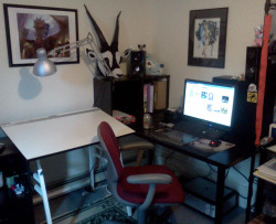 Well, i got my work area set up during my time without internet.  The cool thing about this is that i have an actual desk-surface for my computer and shit, so i can keep my drafting table for actual drawings. The light is in a really good spot too, and
