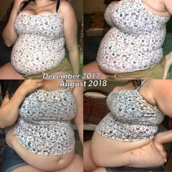 ffafeed: I hear y’all like fat bitches in tight clothes…  Weight gain comparison. This tank top was tight before but it fits like a crop top now. My hips have exploded and my rolls have gotten deeper and thicker. Not to mention my huge gut sticking