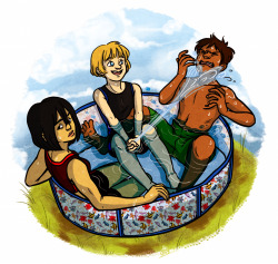 splitbricks:  rrrAAAAGH IT TOOK FOREVER BUT IT’S FINISHED YEAHHhhhhh Commission for Donnie (tumblr user gandalfexmachina)! They wanted the shiganshina trio in a kiddie pool huehueheueheuee i’m normally used to working a lot faster on things than this,
