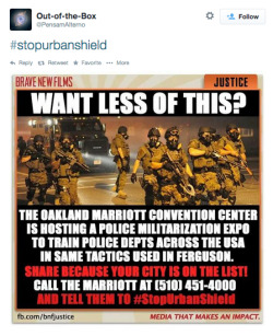 markdoesstuff:  socialjusticekoolaid:  revolutionarykoolaid: Today in Solidarity: Protesters gather in Oakland against the Urban Shield conference and police militarization.   Ever wonder where cities get all their fancy ideas on how to militarize their