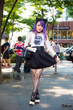 tokyo-fashion:  Lisa13 - guitarist of the Japanese rock band Moth in Lilac - on the street in Harajuku wearing a FUCT tank with Tokyo Bopper platforms, a Chanel bag, and band gear from Motionless in White and Moth in Lilac. Full Look  Also check out this