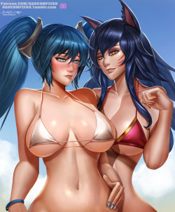 badcompzero:  Sona X Ahri Sexy Beach  VIP Tier Commission ฺby ad-referendum.deviantart.com/  Frank Leo VIP COmmission he want me to draw Ahri &amp; Sona squeeze breast I draw 2 version -  normal version and  - squeeze breast version I attach another