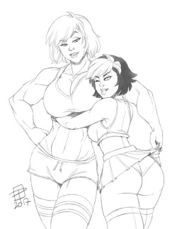 callmepo:Sketch commission for Odie of Power Girl and Gogo admiring each others best assets.