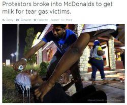 littlemissmutant:  kingjaffejoffer:  Remember this when you read reports of people ‘looting’ McDonalds tomorrow  I keep coming back to the fact that in Ferguson the protestors are doing everything police and other first responders are supposed to