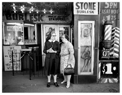 Vintage photo from 1954, features the entrance to Detroit’s infamous ‘STONE Burlesk’ theatre; located at 2511 Woodward Avenue.. Sister Agatha and friend are deciding if they still have time to take in another show, before they&rsquo;re due back