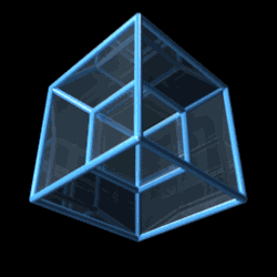 thatscienceguy:  This is a simulation of a rotating 4 dimensional Cube, otherwise known as a Tesseract. What you are seeing is it Rotating. It is not being distorted, reshaped, or anything like that. it is simply Rotating - It appears to be distorted